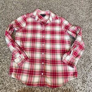Lands End Women XS Pink Red Plaid Flannel Button Down Shirt 100% Cotton Long Slv
